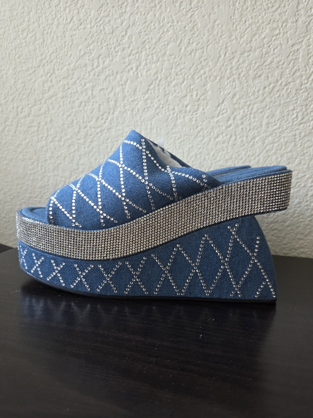 Cape Robbin Denim Rhinestone Platform Slide - Blue - Picture 6 of 7